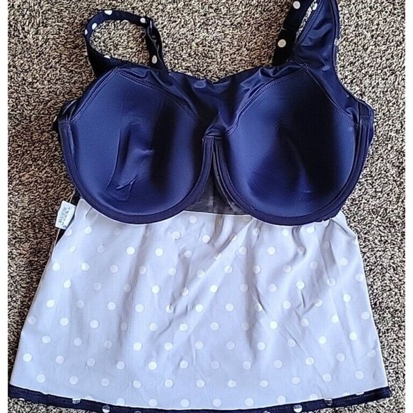 Lands' End Swim Top Navy 18W Square Neck Tankini Polka Dot 1X Underwire S490 - Picture 10 of 13